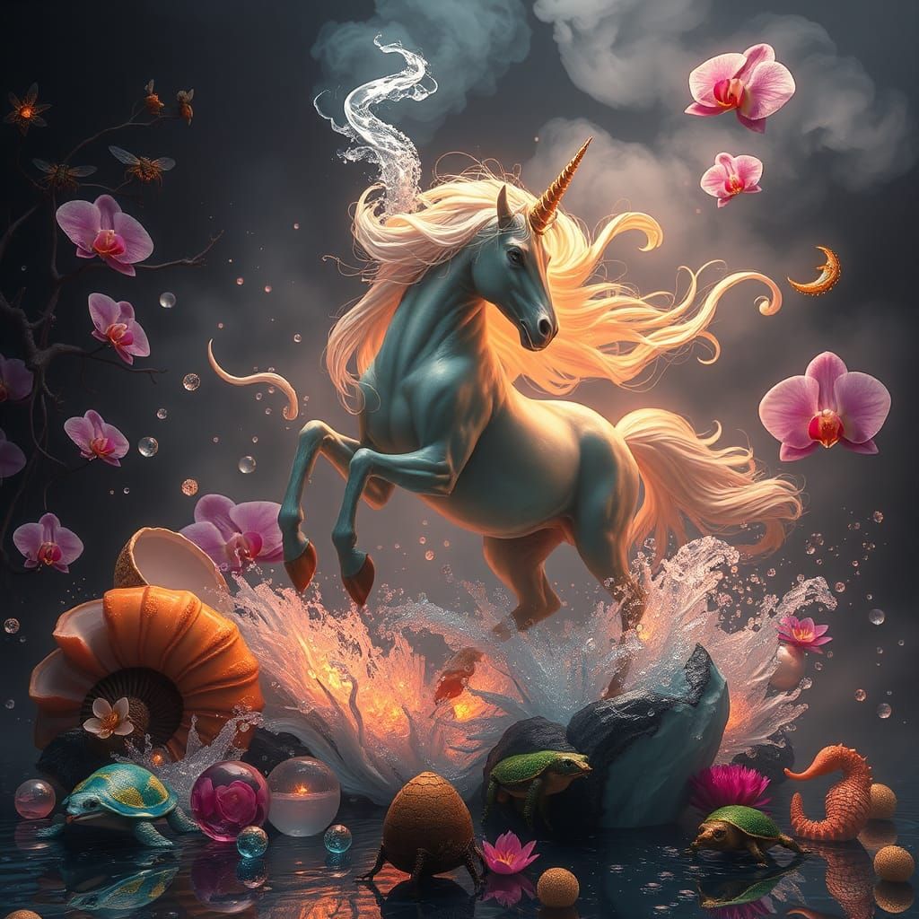 Radiant Centaur Galloping in Liquid World, Neon Ink Splatter...