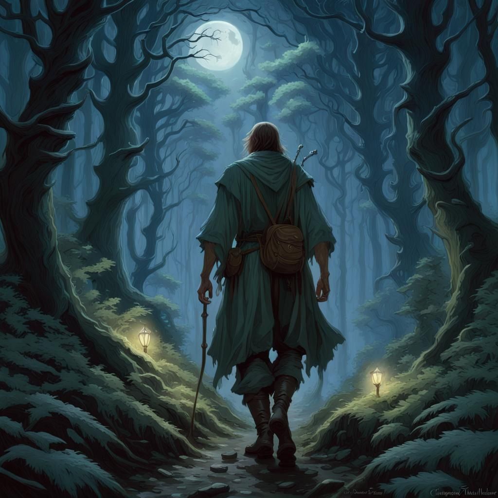 Mythic Traveler in Eldritch Forest Under Moonlight