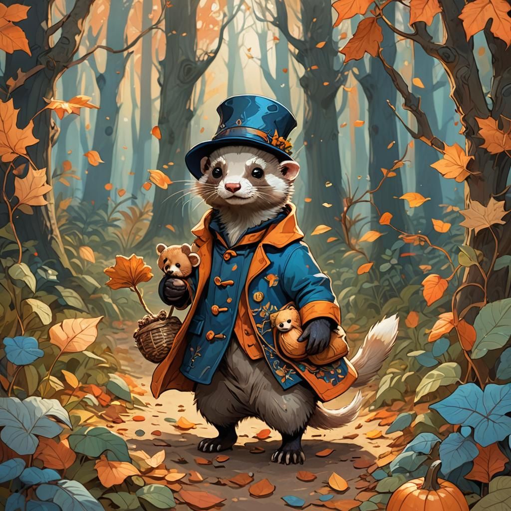 Ferret's Autumn Stroll with Teddy Bear: Fantasy Art