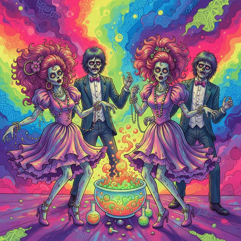 Intricately detailed alcohol ink illustration,  ”Zombie Prom...
