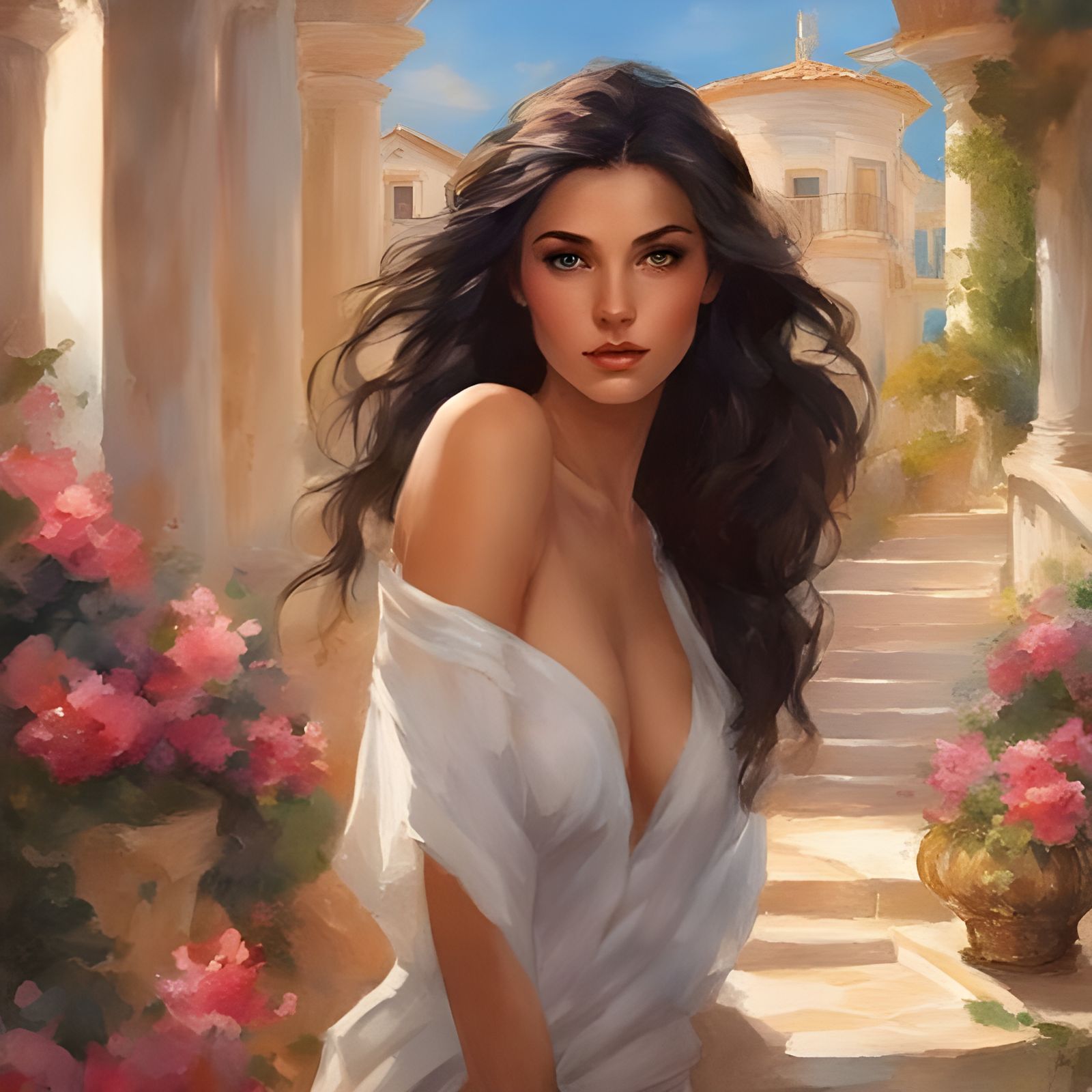 Beautiful French Girl Portrait in Greece, Ink Art