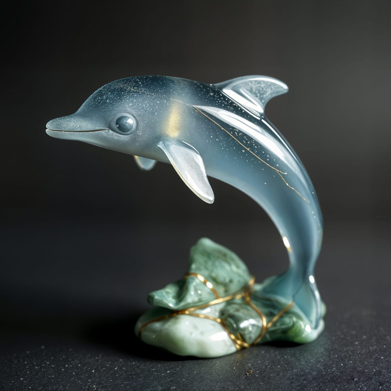 Sea Glass Dolphin Sculpture With Gold Inlays