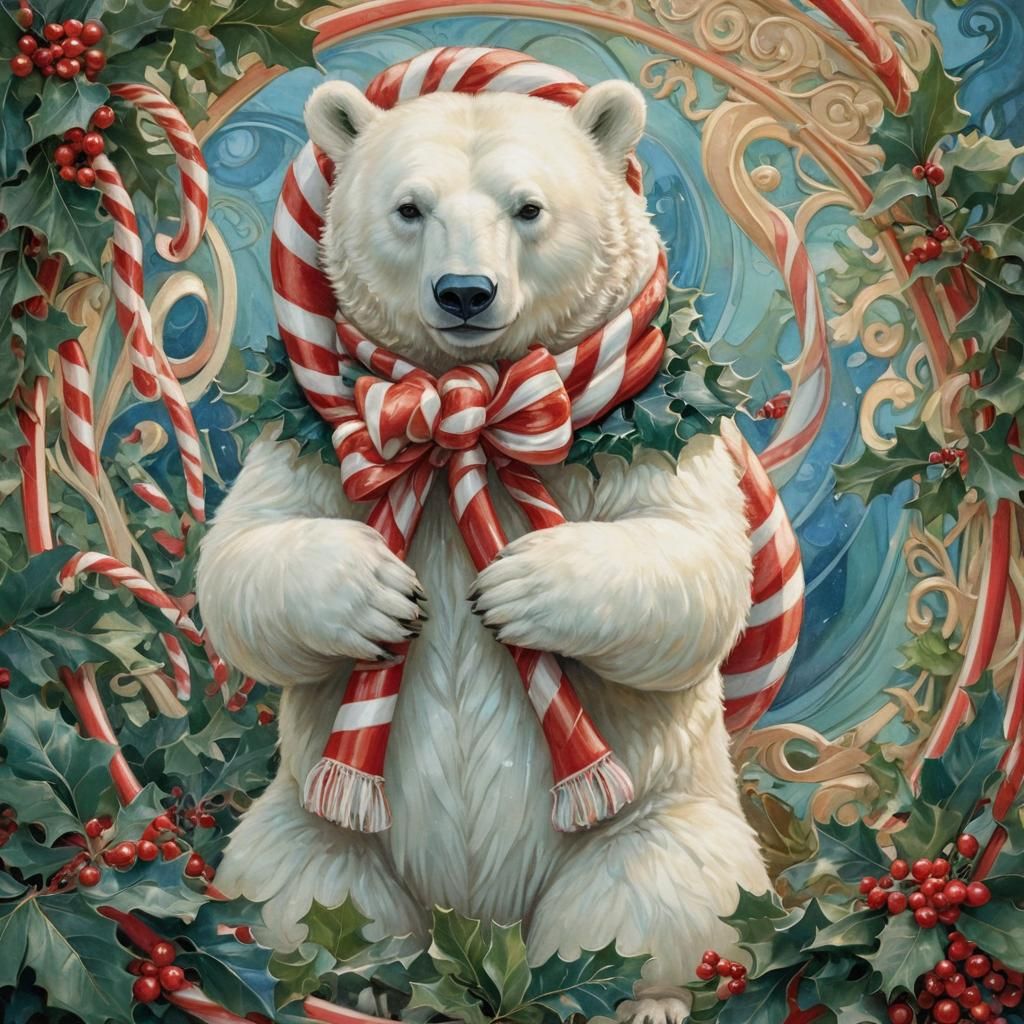 Polar Bear Hugging Candy Cane in Art Nouveau Style