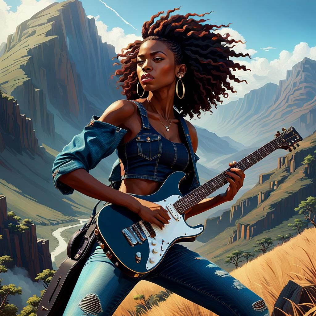 Woman with Guitar on African Mountain Top