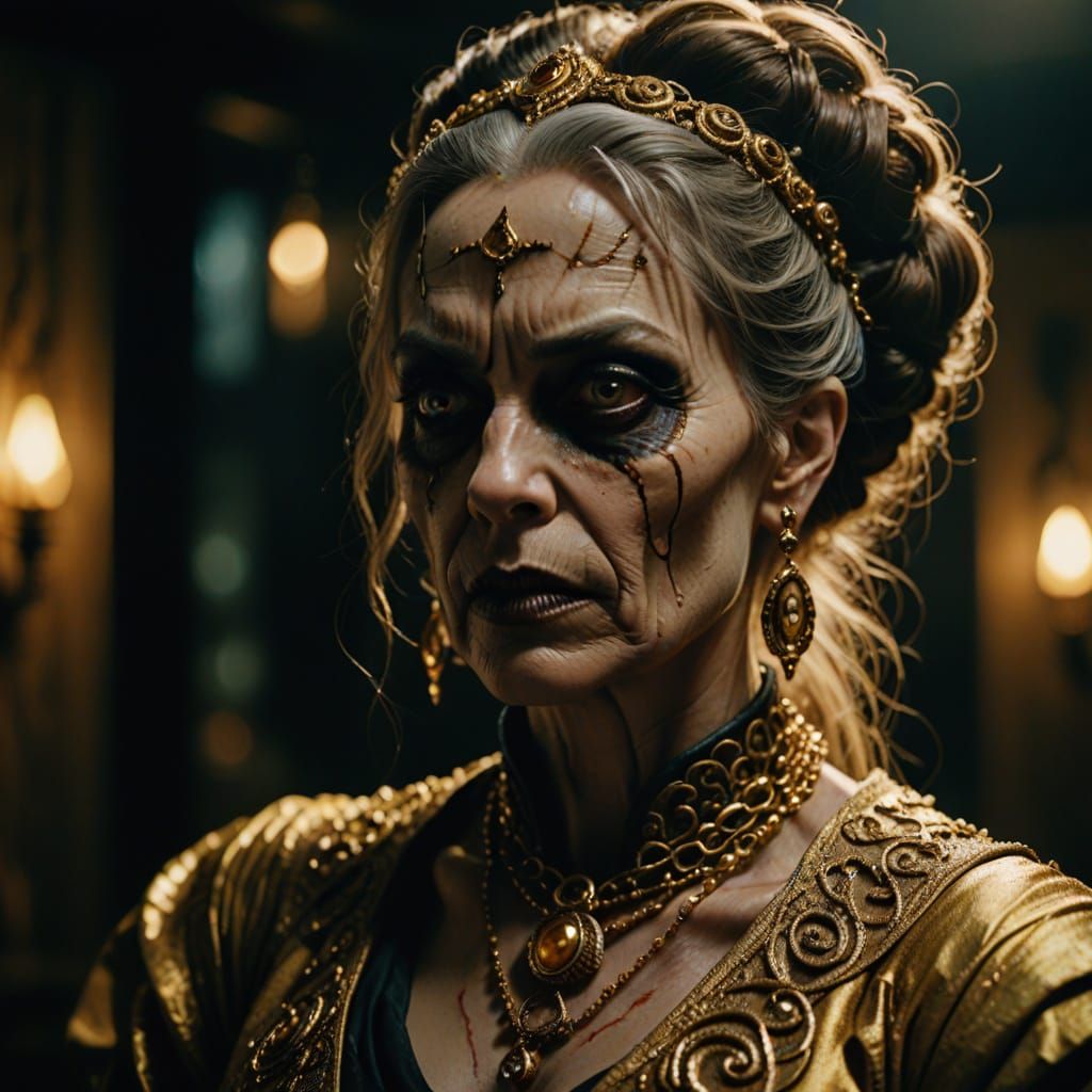 Ethereal Horror Hag in Regal Golden Attire