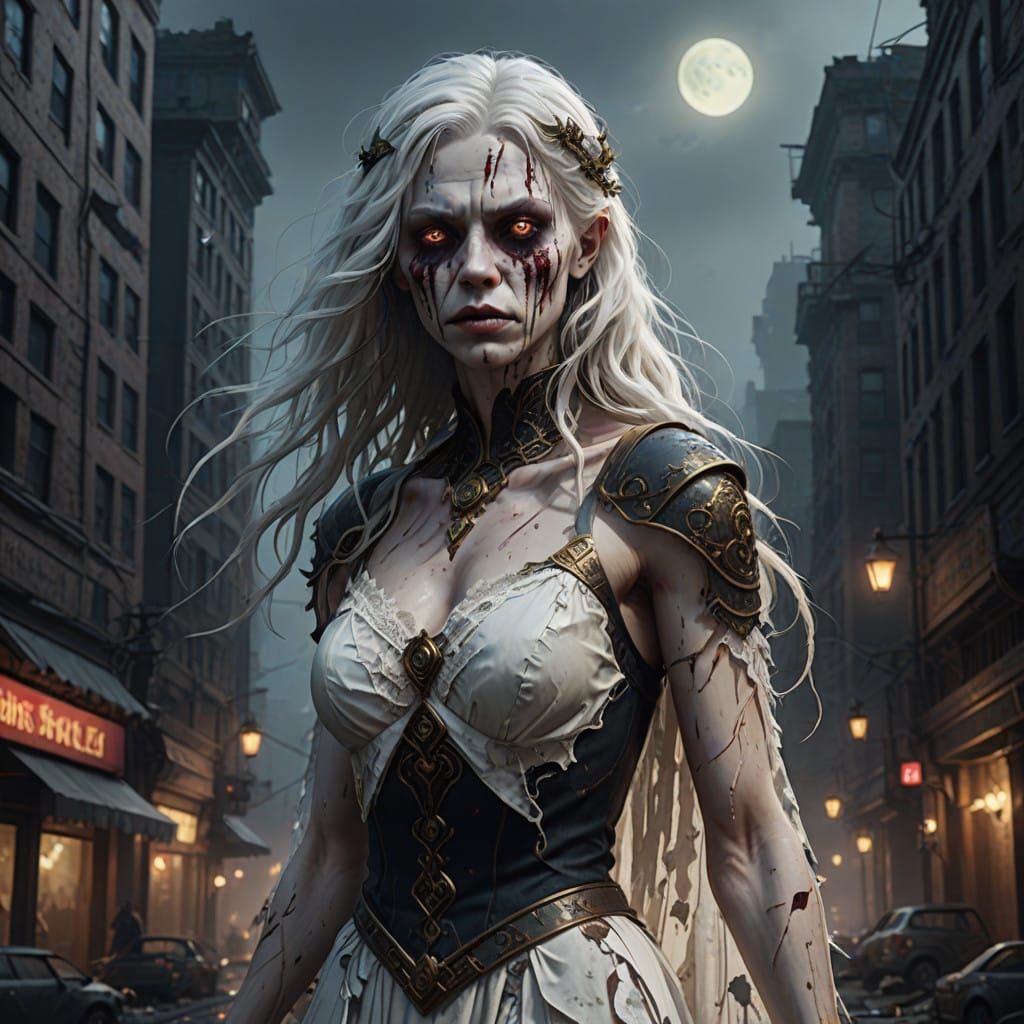 Ethereal Zombie Woman in Abandoned Cityscape