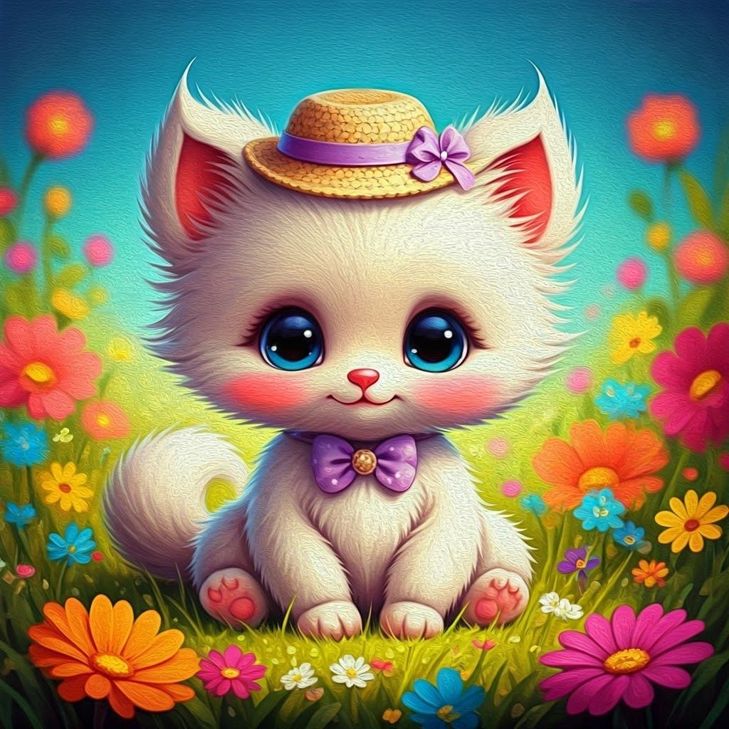 Adorable Furry Animal in Floral Meadow, Folk Art Style