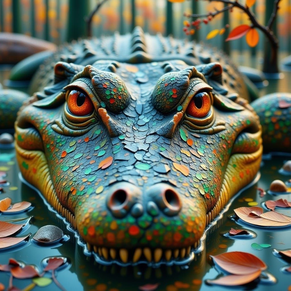 Surrealist Impasto Alligator Rises from the Misty Waters