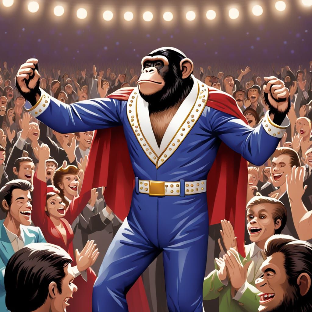 Elvis Chimp Rocker on Stage with Ape Audience
