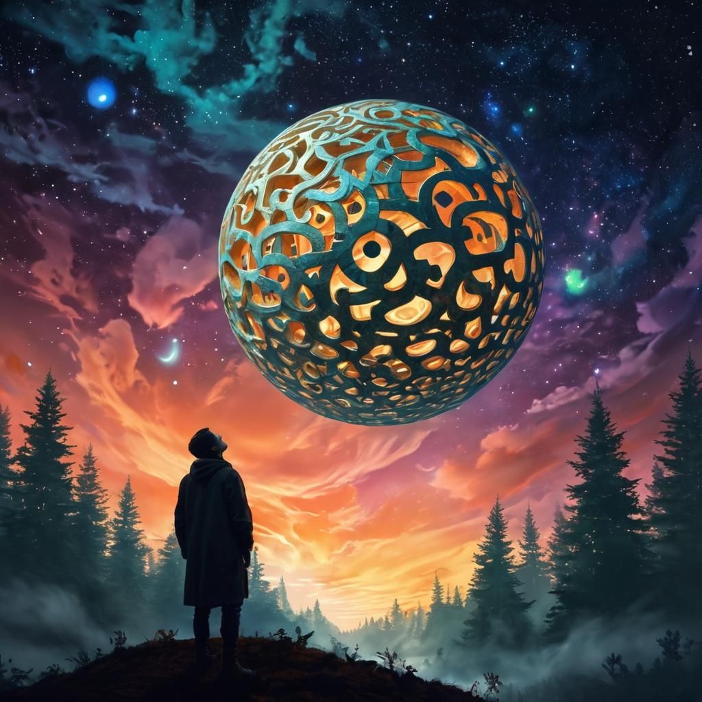 Fantasy Forest Person Gazing at Moon Maze Sculpture