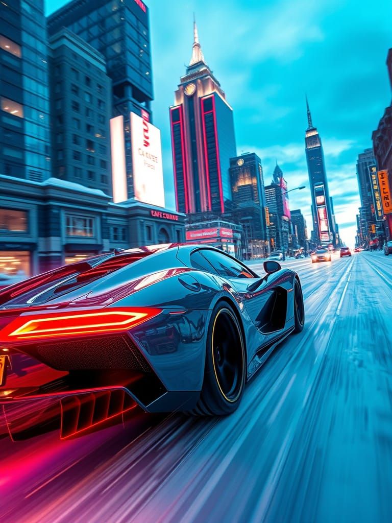 Sleek Futuristic Supercar Speeds Through Snowy Cityscape