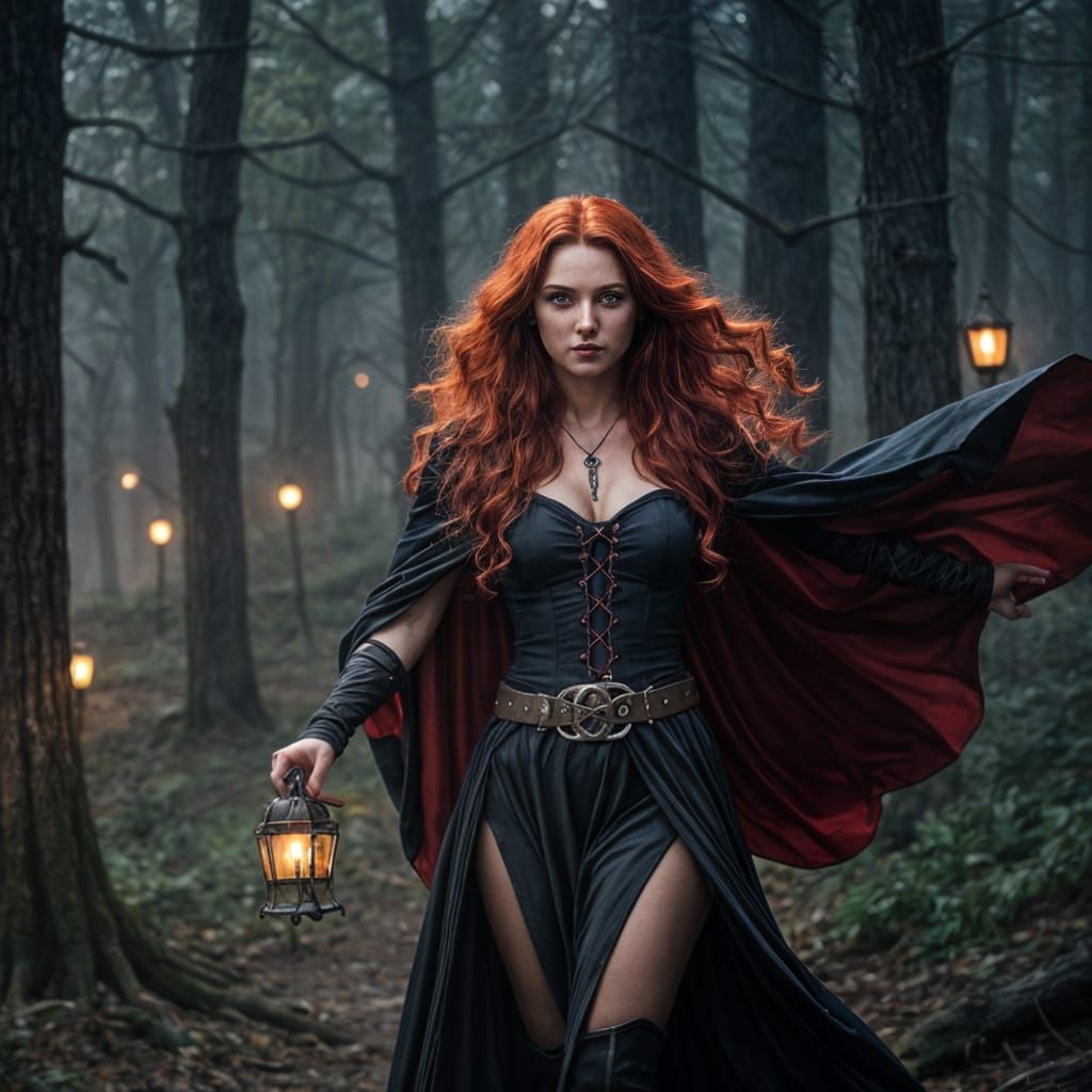 Gothic Woman with Werewolf Skull in Mist