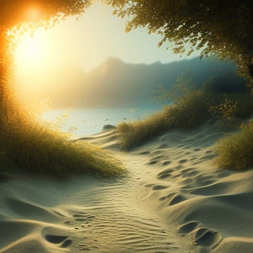 Hyperrealistic Beach Scene with Dunes and Blue Sea