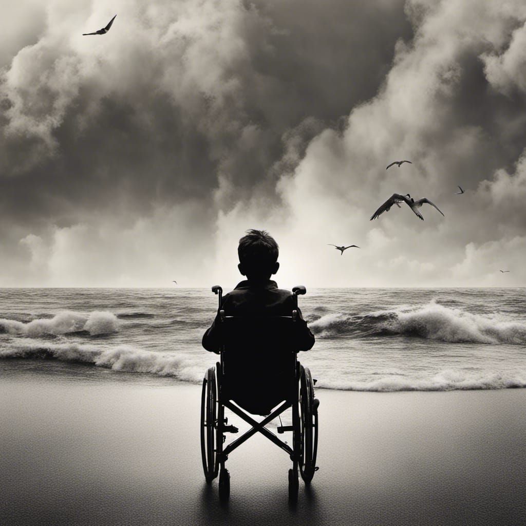 Boy in Wheelchair by the Sea: Black and White Photography