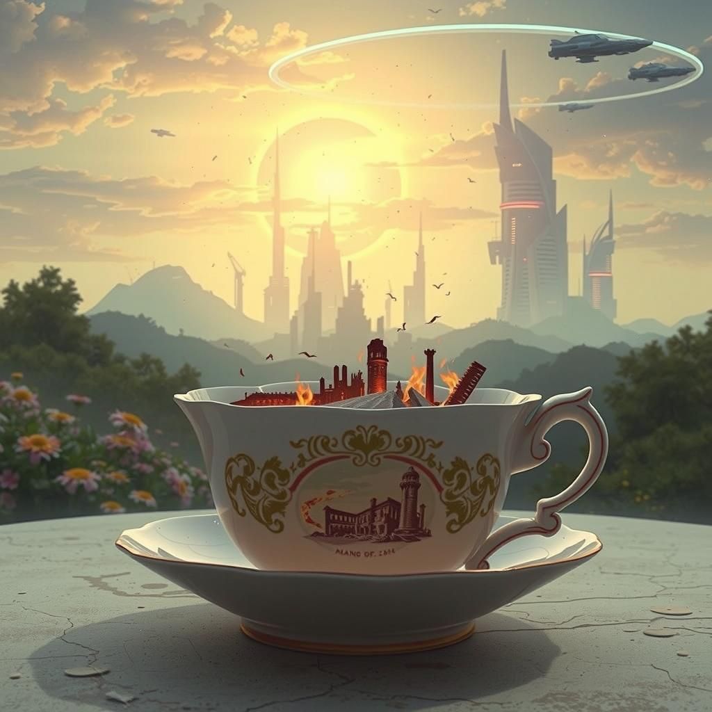 Teacup foreground. Apocalypse Inside Teacup. Peaceful midground. Futuristic background.