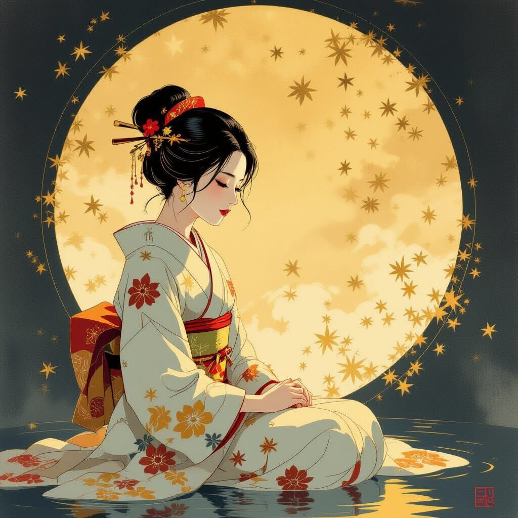 Serene Woman in Japanese Attire, Yamato-e Style