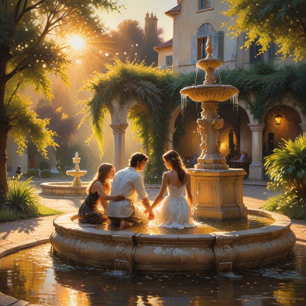 Lovers at Fountain: Impressionist Golden Hour Painting