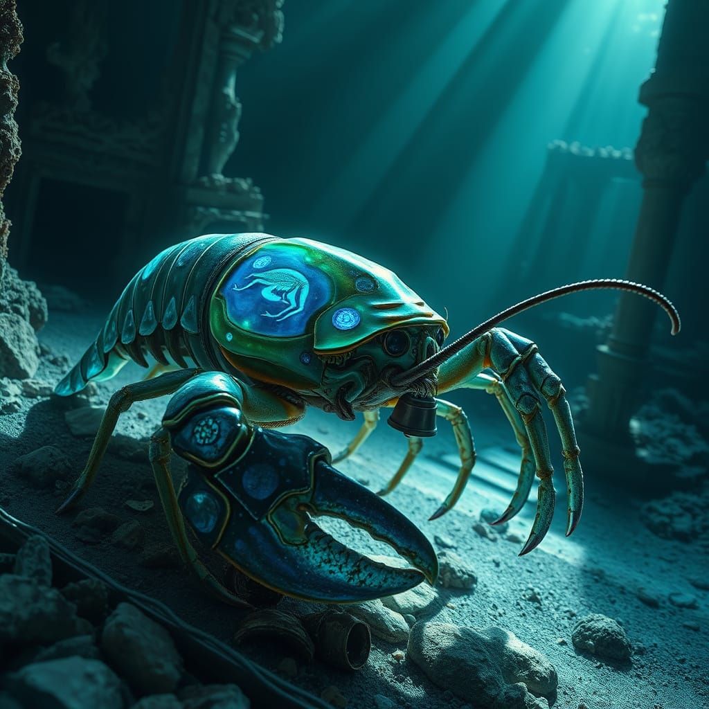 Bioluminescent Lobster Explorer in Sunken City Ruins