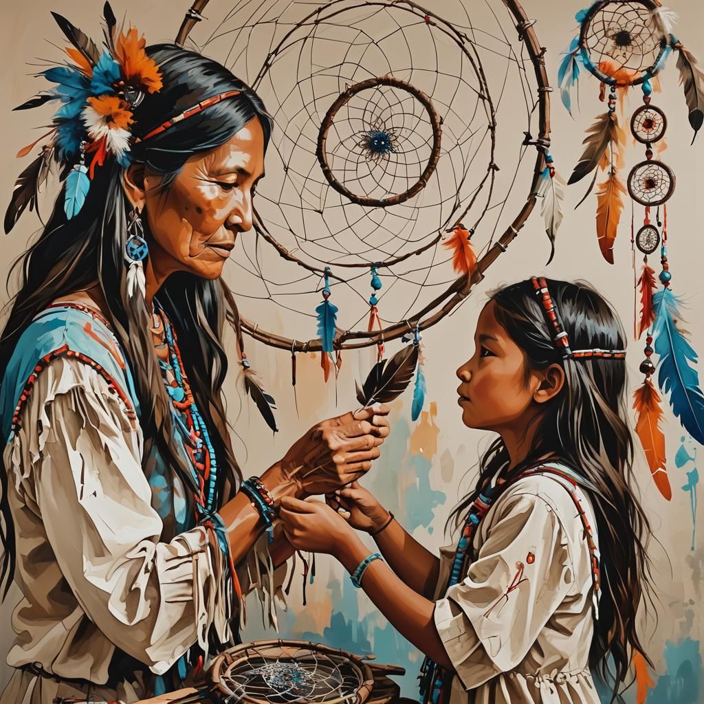 Native American Mother and Daughter Making Dreamcatcher