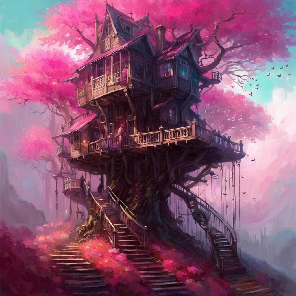 Elvish Treehouse with Winding Stairs in Ethereal Mist