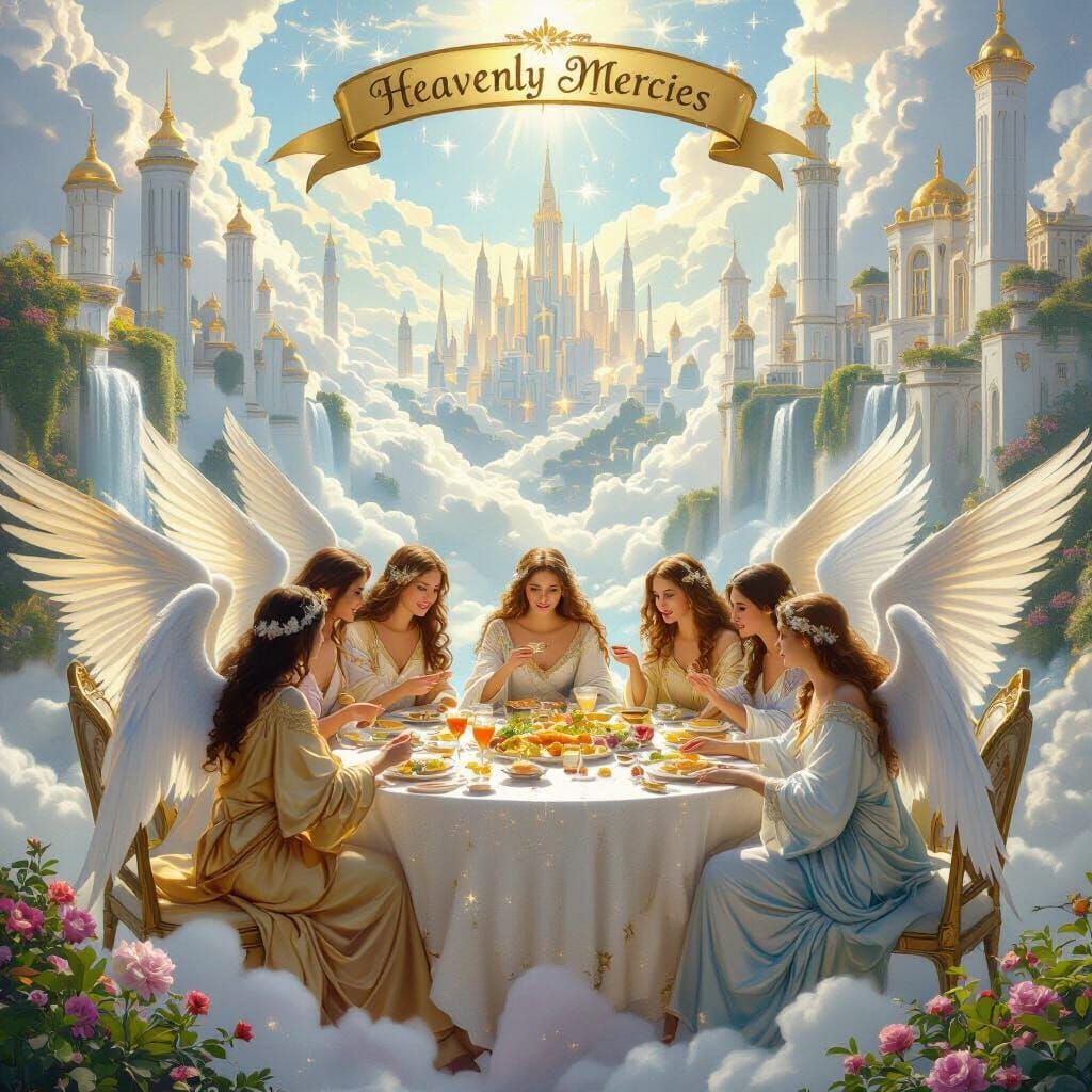Angels' Celestial Feast in Floating Utopian City