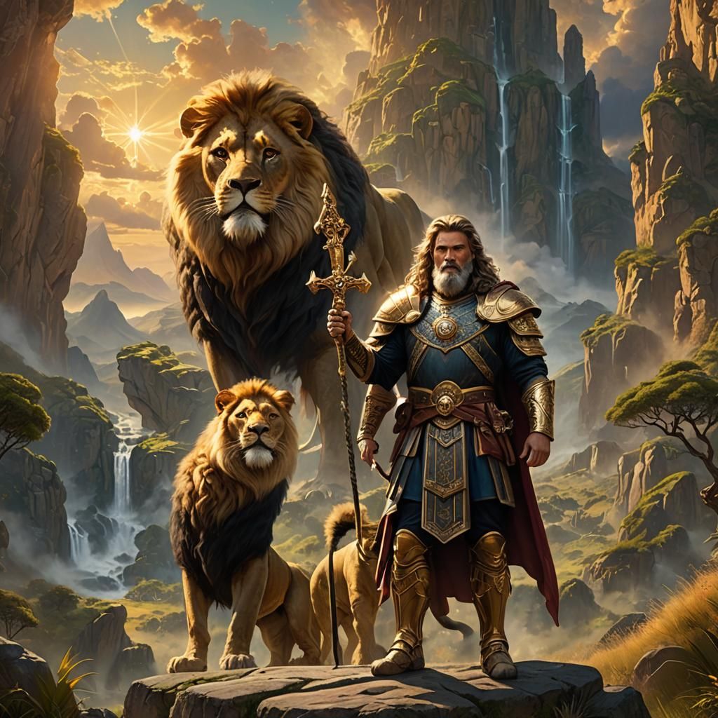 Majestic Figure with Lion Cross in Ancient Landscape