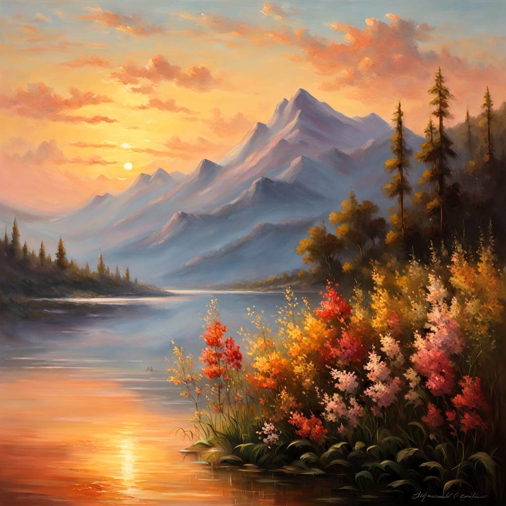 Serene Sunset Lake Landscape Oil Painting