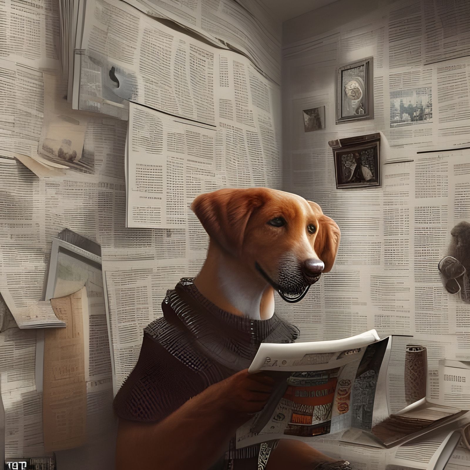Sophisticated Dog Reads Newspaper in Cluttered House