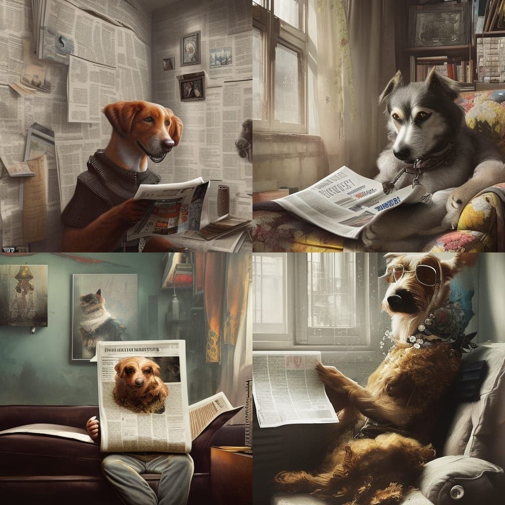 Sophisticated Dog Reading Newspaper in Cluttered House