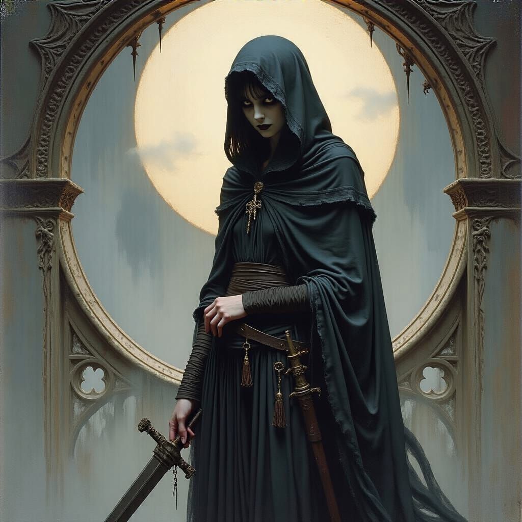 Grimdark Fantasy Scene in John William Waterhouse Style