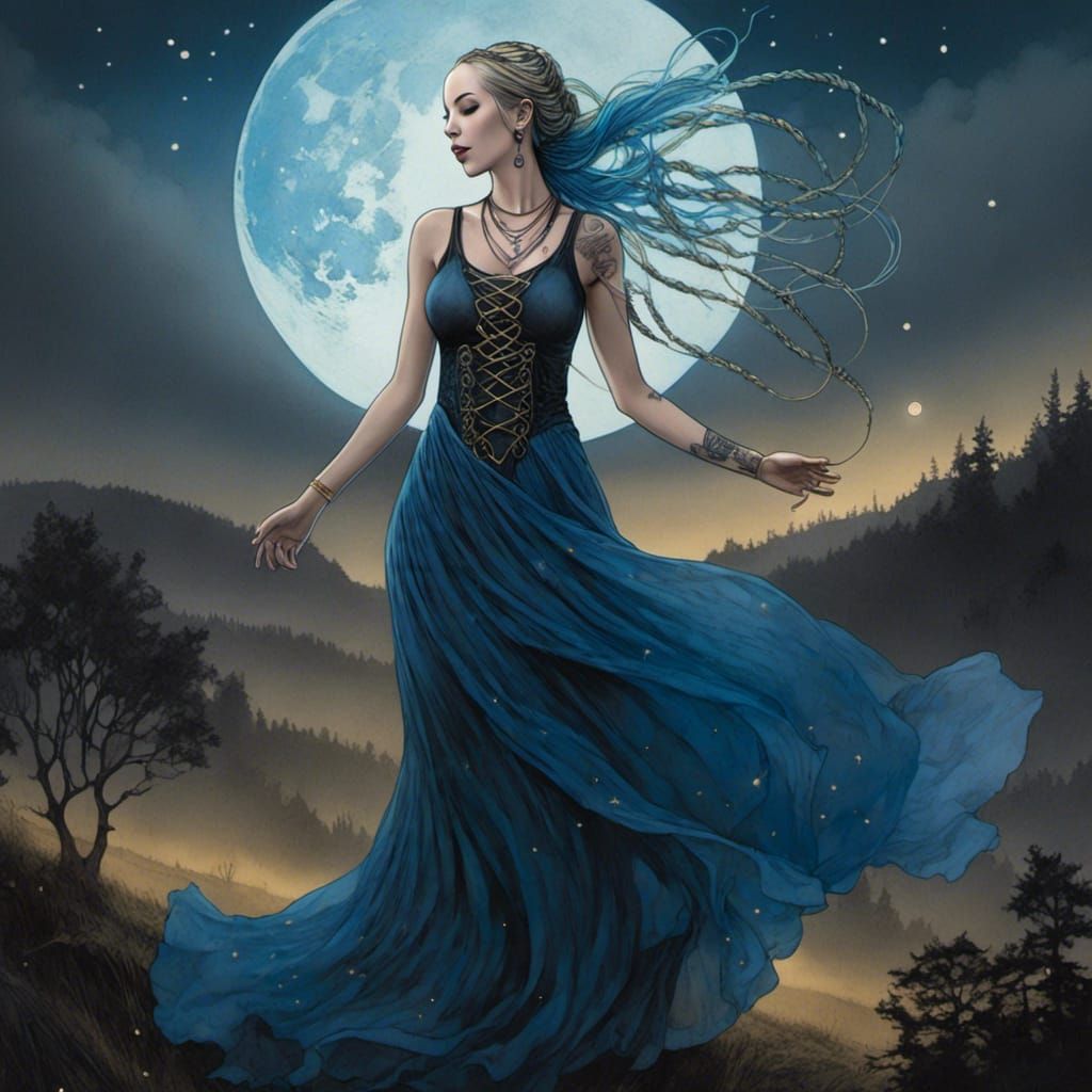 Mystical Woman with Moon Tattoo in Fantasy Illustration