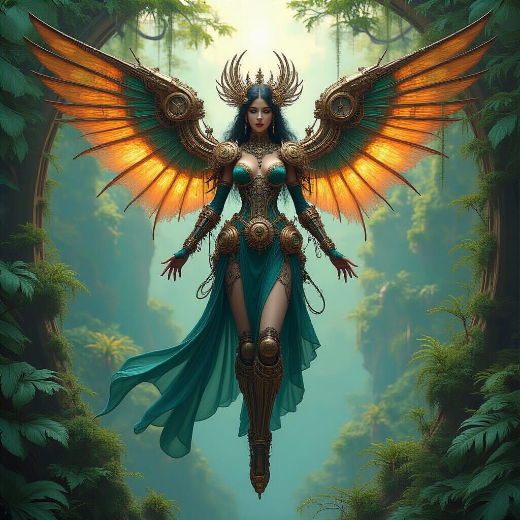 Goddess with Mechanical Wings in Alien Jungle