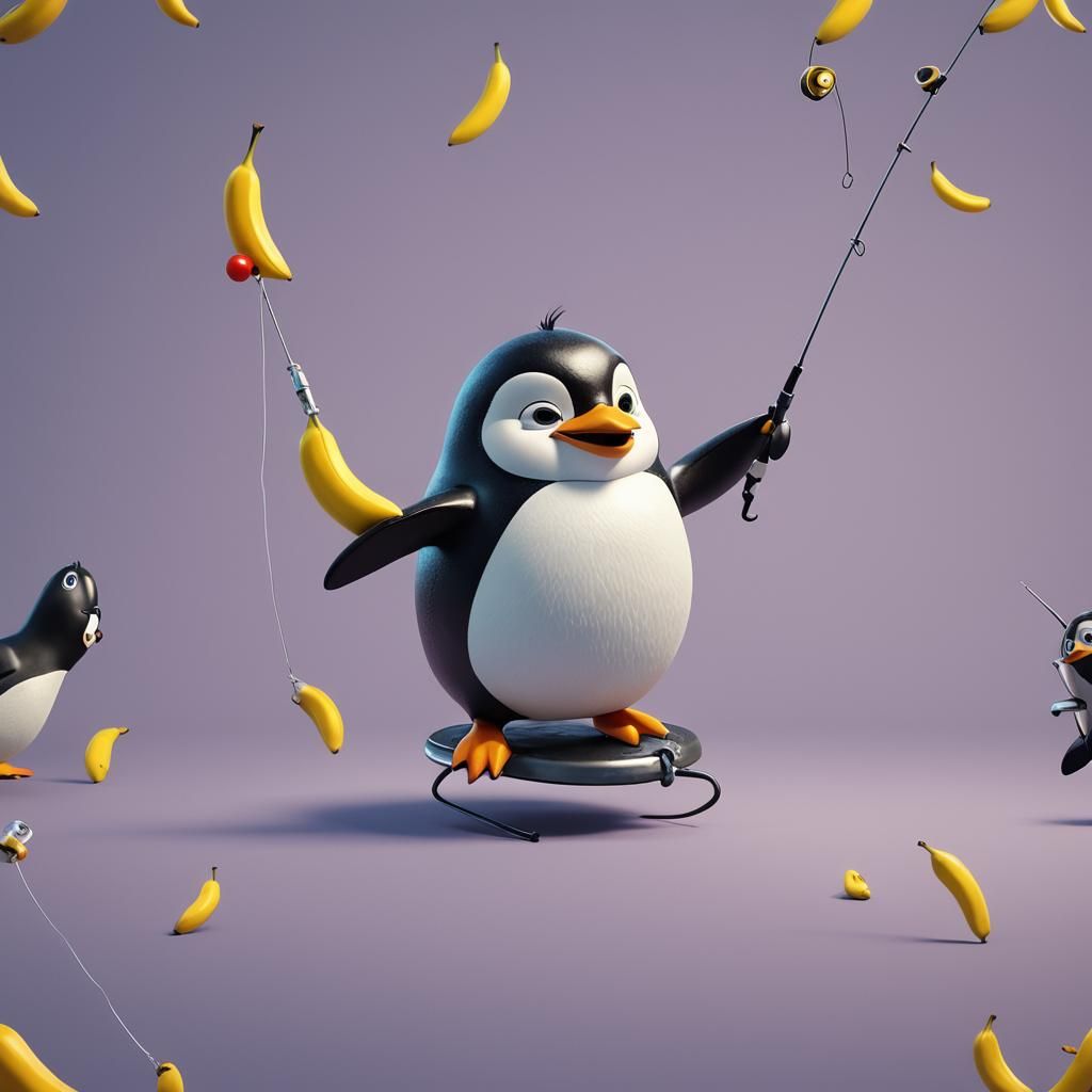 Penguin Fishing with Banana Bait: Pixar Style