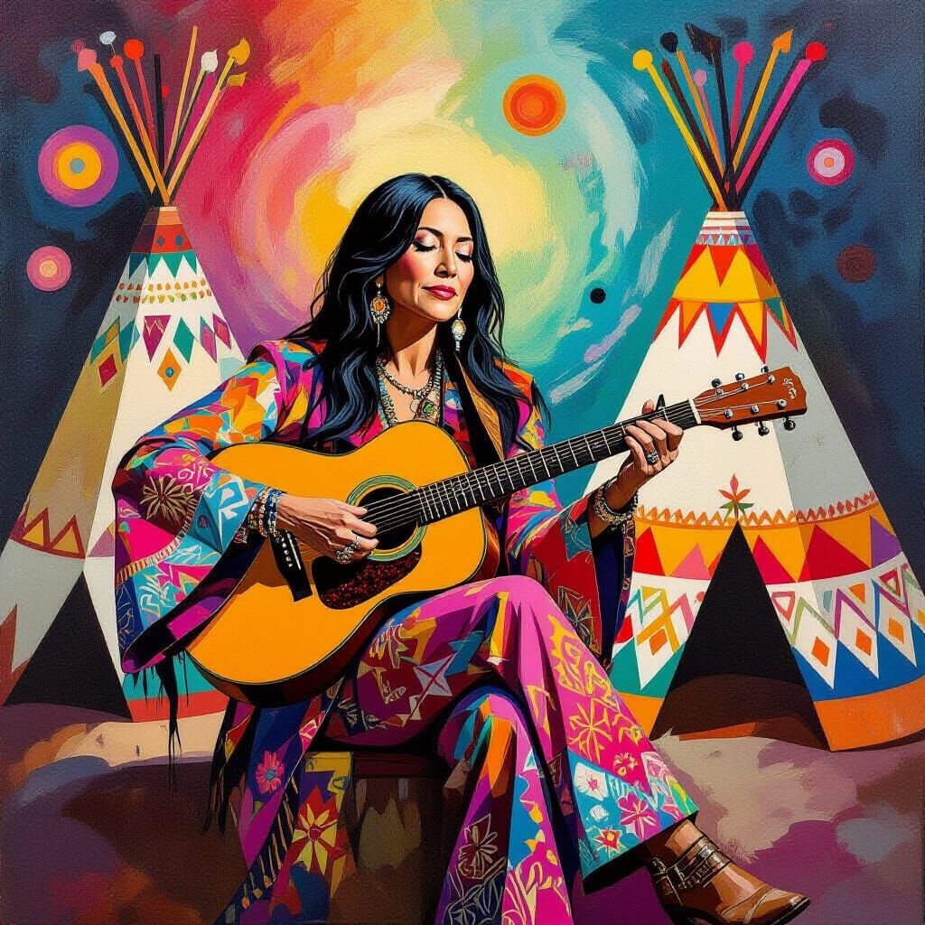 Buffy Sainte-Marie Plays Guitar Amidst Swirling Tepees