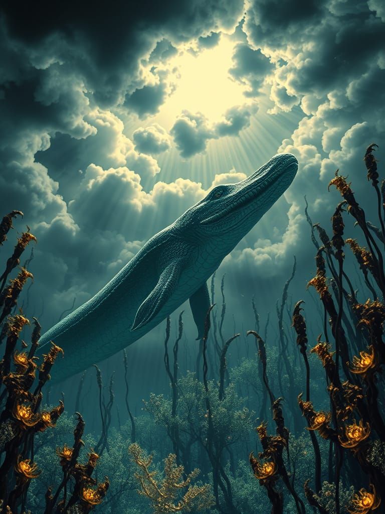 Bioluminescent Plesiosaur in Futuristic Korean Art Style