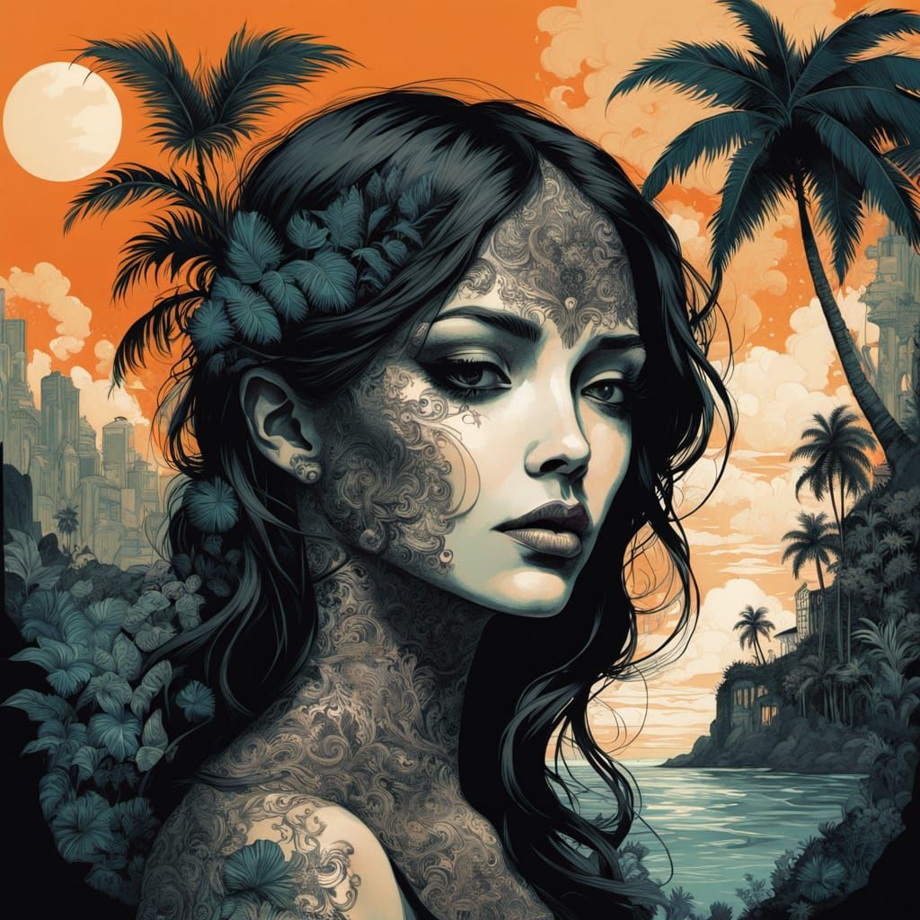Gothic Goddess Amidst Tropical Sunset