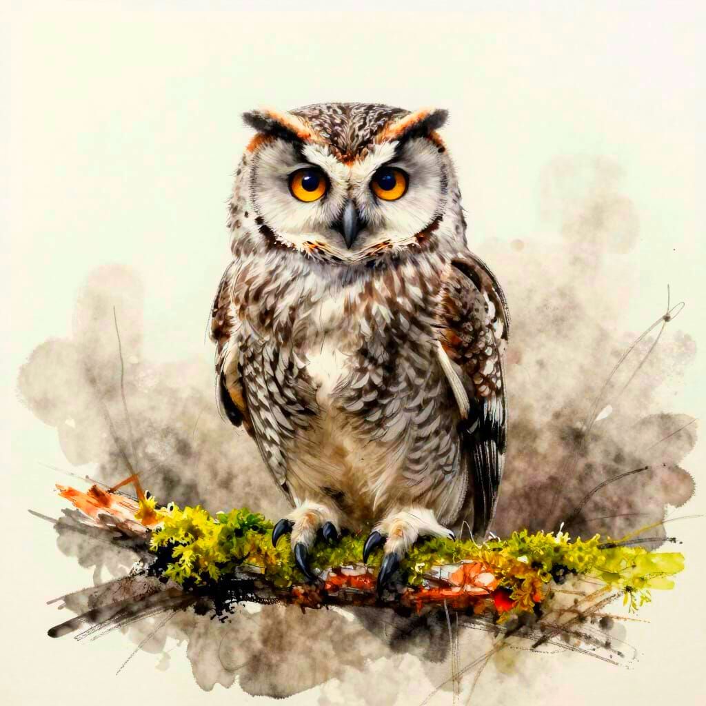Owlet on Mossy Branch in Winter, Stylized Sketch