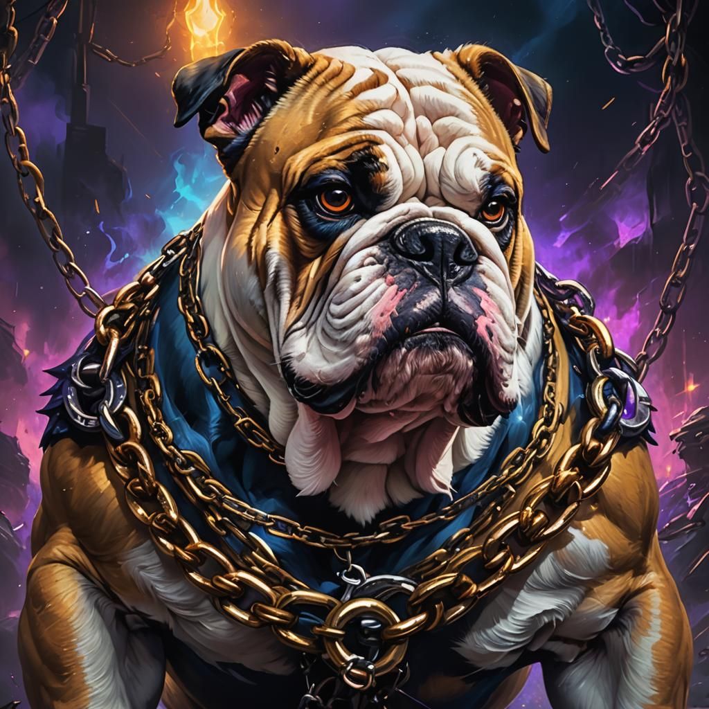 Menacing Bulldog with Chain in Dark Fantasy Style