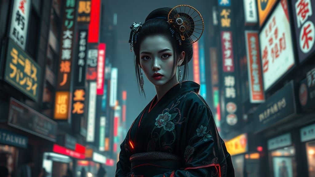 Cyber-Geisha in Dystopian Tokyo, Dark Cinematic Style