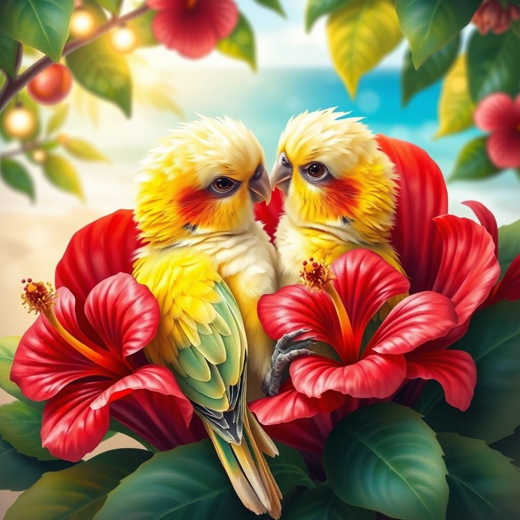 Cockatiels in Hibiscus Flower