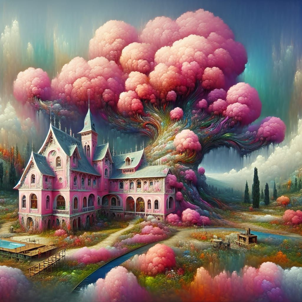 Whimsical Pink Tree-House: Fantasy Concept Art