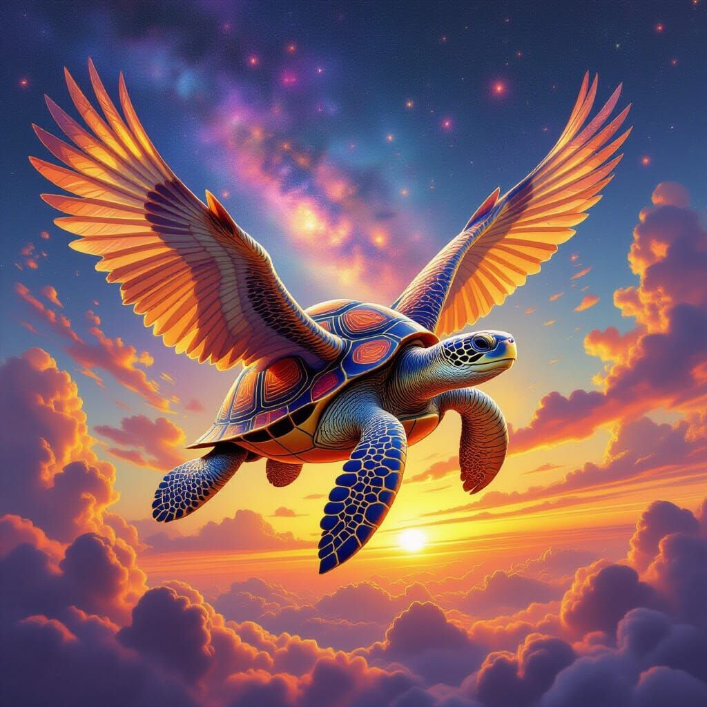 Majestic Winged Tortoise Soaring Through Cosmic Sunset Sky