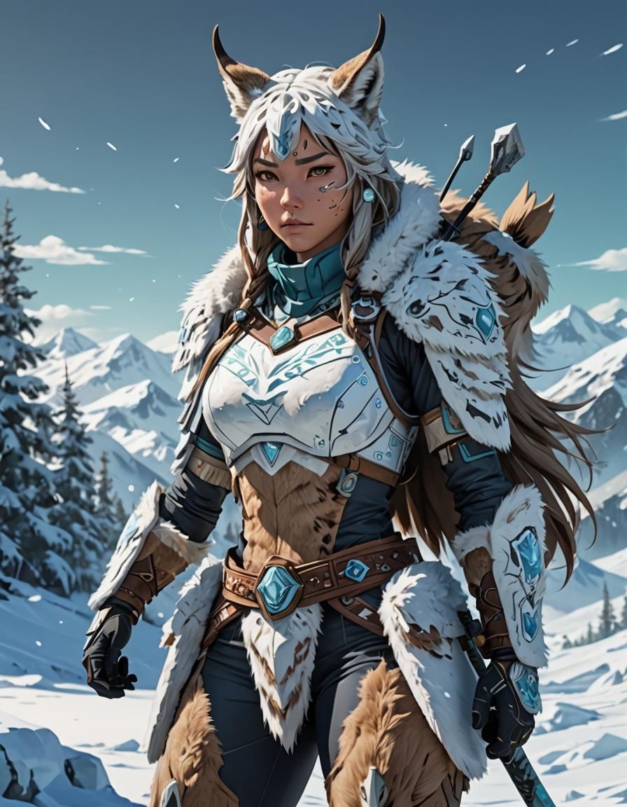 Lynx Inuit Warrior on Icy Tundra: Anime Cel-Shaded