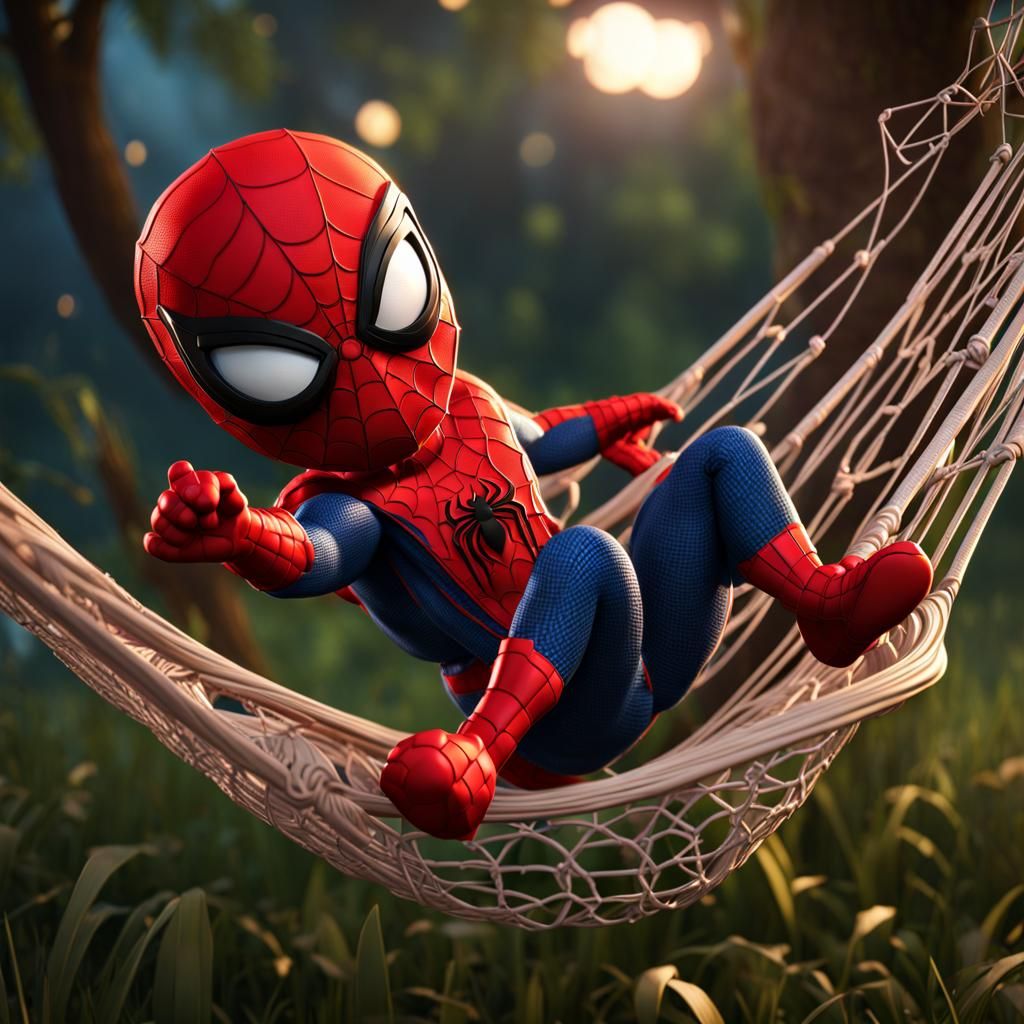 Chibi Spiderman Doll in Web Hammock: Cartoon Art