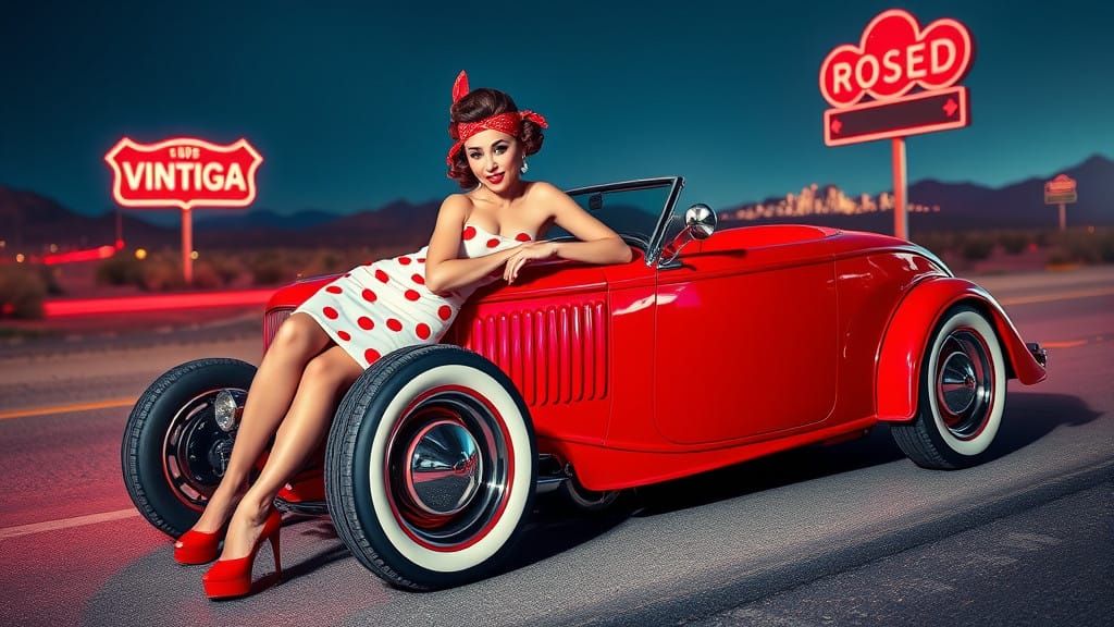 Confident Rockabilly Pin-Up Girl Amidst Futuristic Desert Hi...