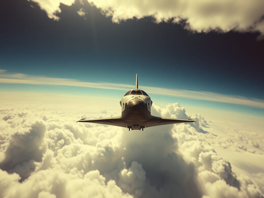 Space Shuttle Soaring Through Clouds: Cinematic Style