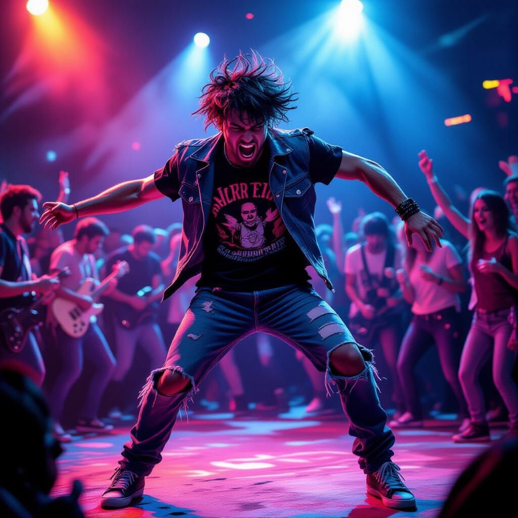 Frantic Figure Losing Control in Neon Mosh Pit