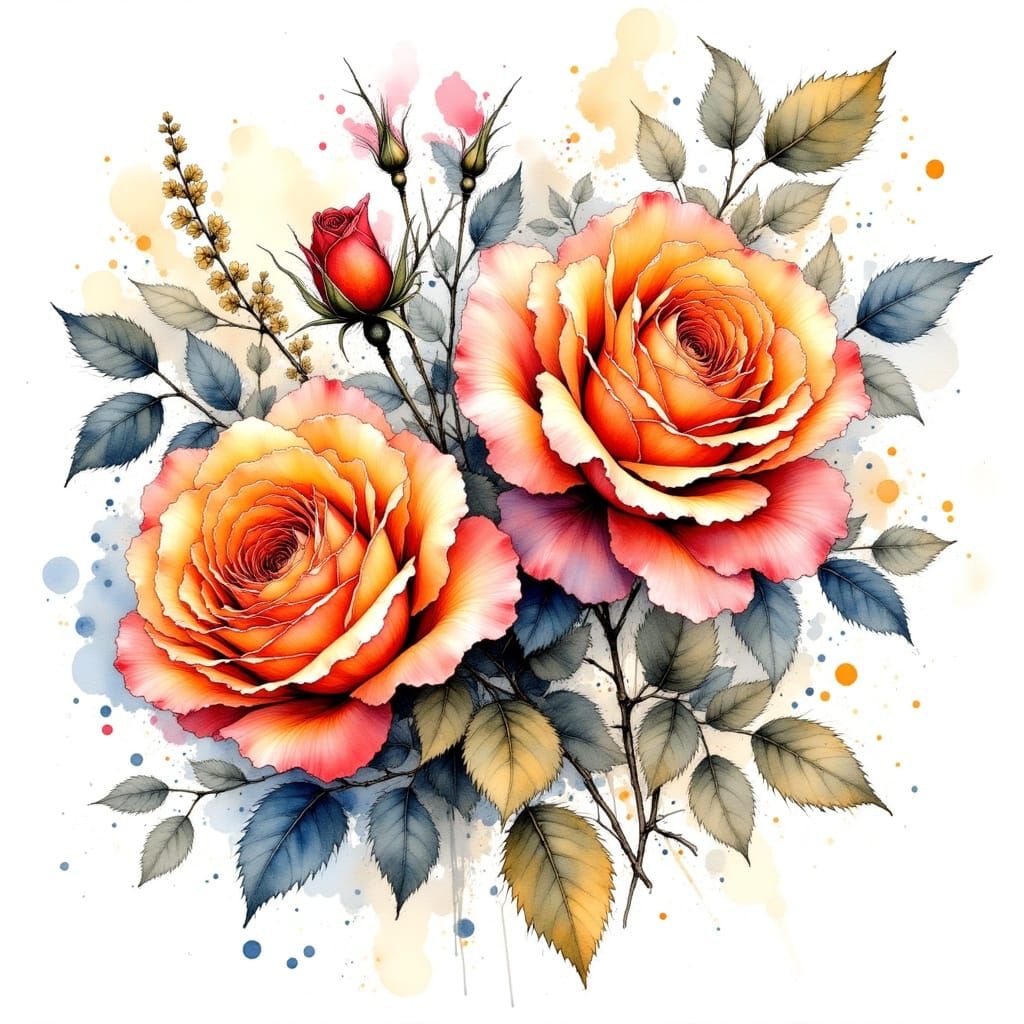 Ultramarine and Orange Roses in Wet Ink Style