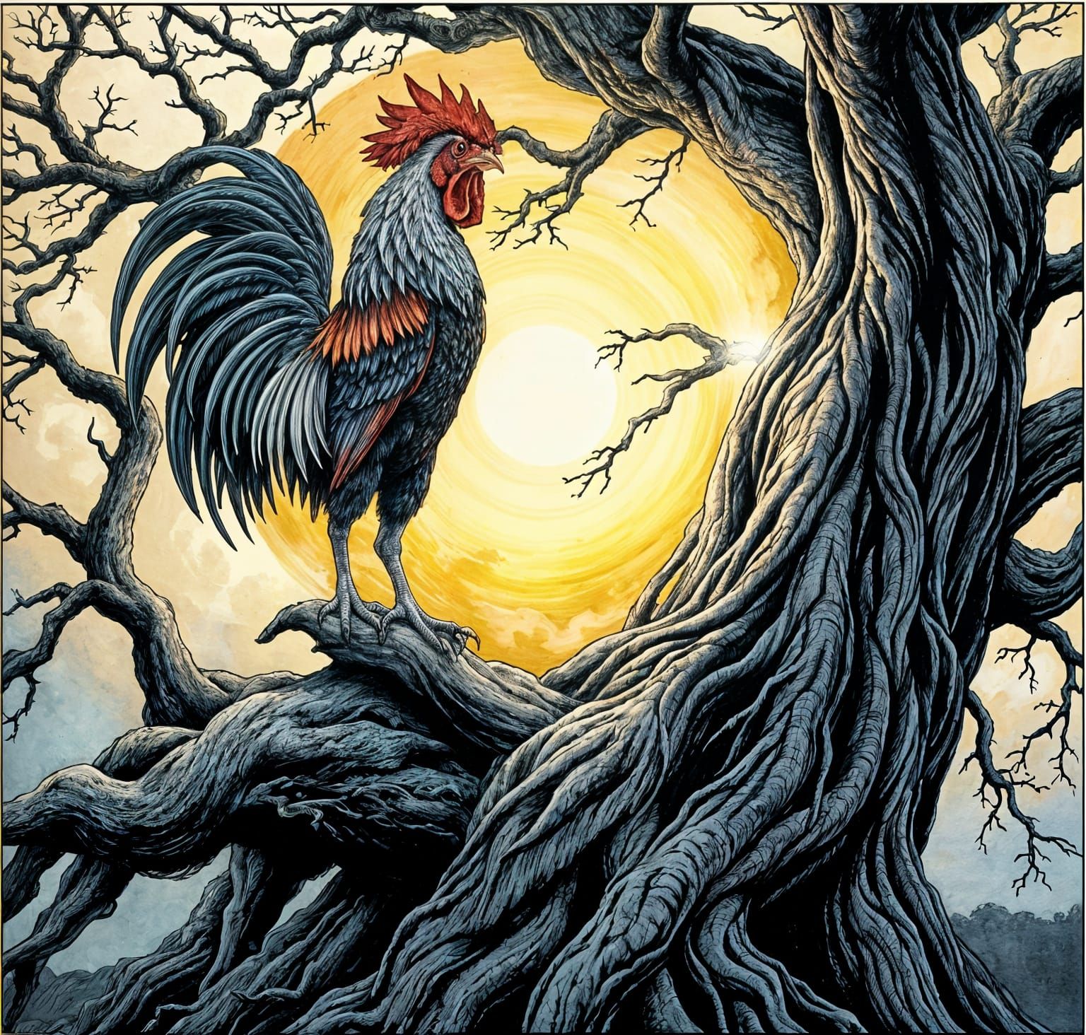 Hyperrealistic Rooster Perched on Yggdrasil in Ink Painting ...