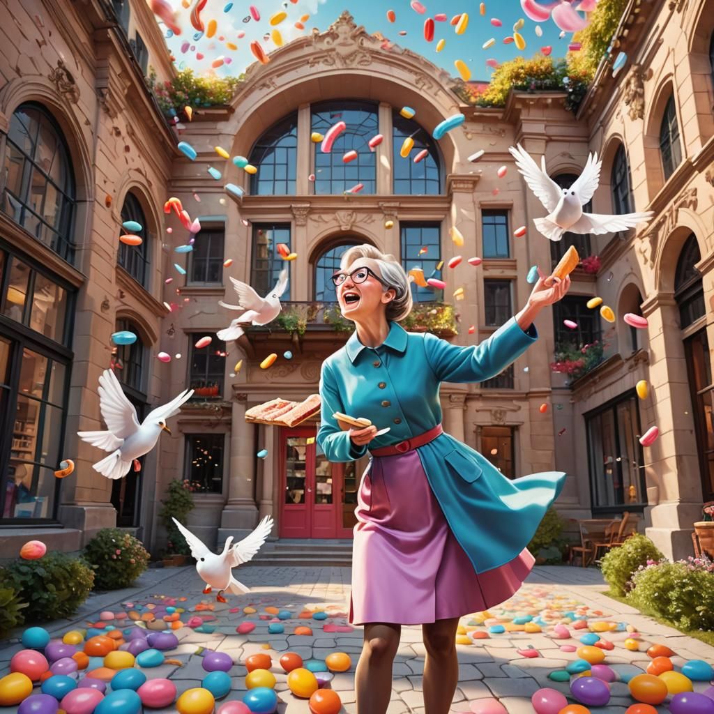 Surprised Librarian and Dove in Candy Art Style